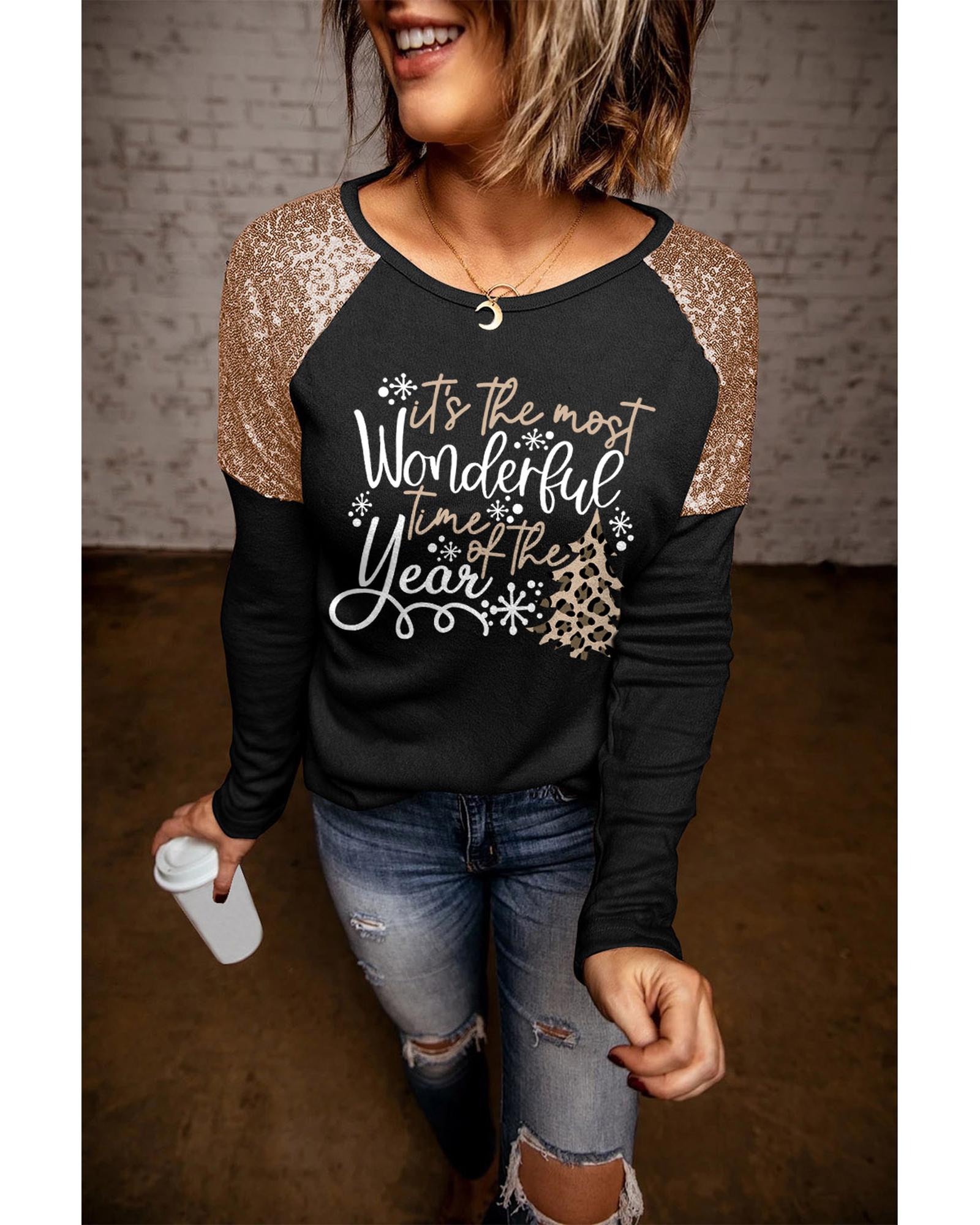 Azura Exchange Christmas Season Graphic Sequin Shoulder Top