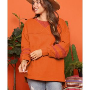 Carrot Fleece Patchwork Side Slits High Low Sweatshirt