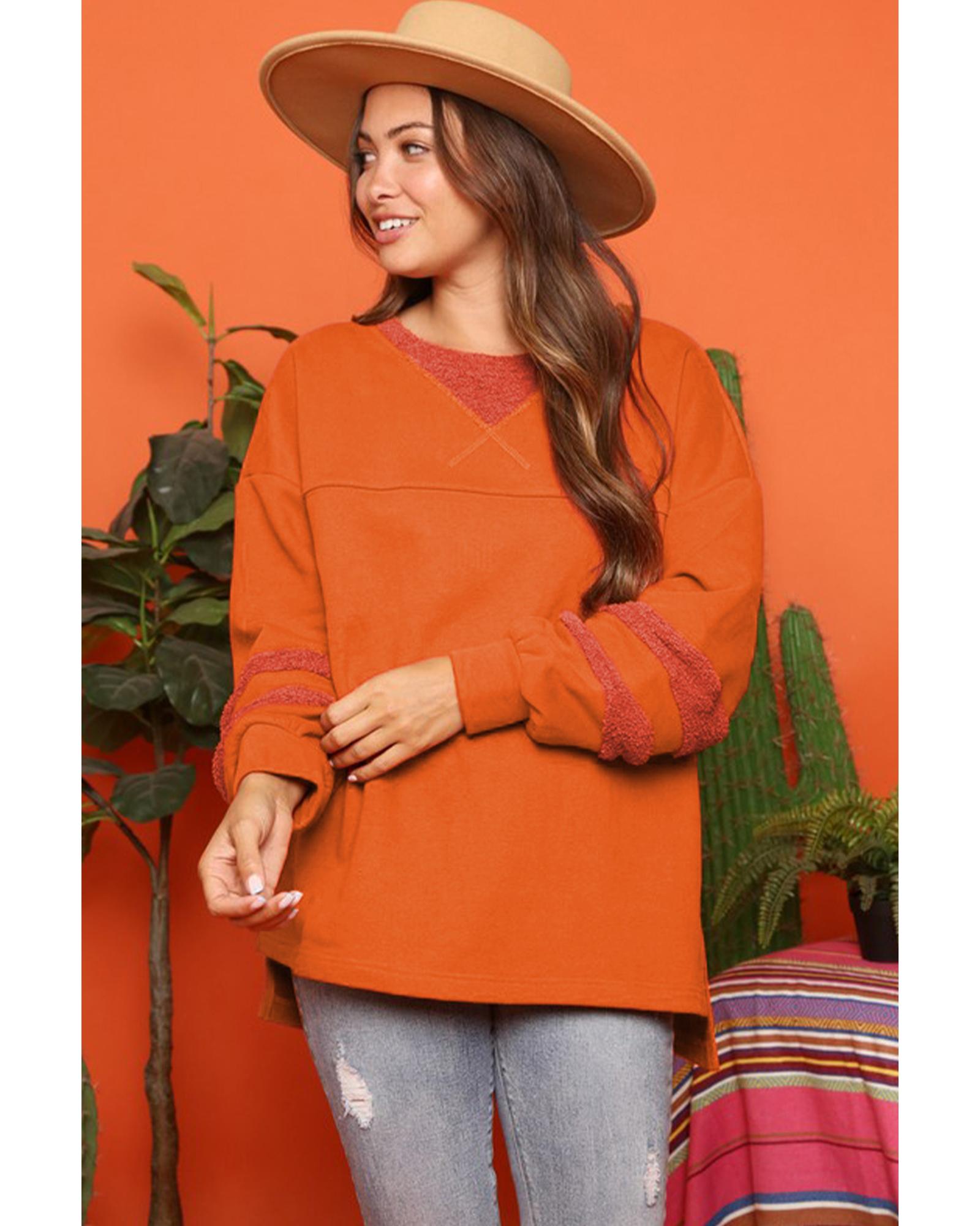 Carrot Fleece Patchwork Side Slits High Low Sweatshirt
