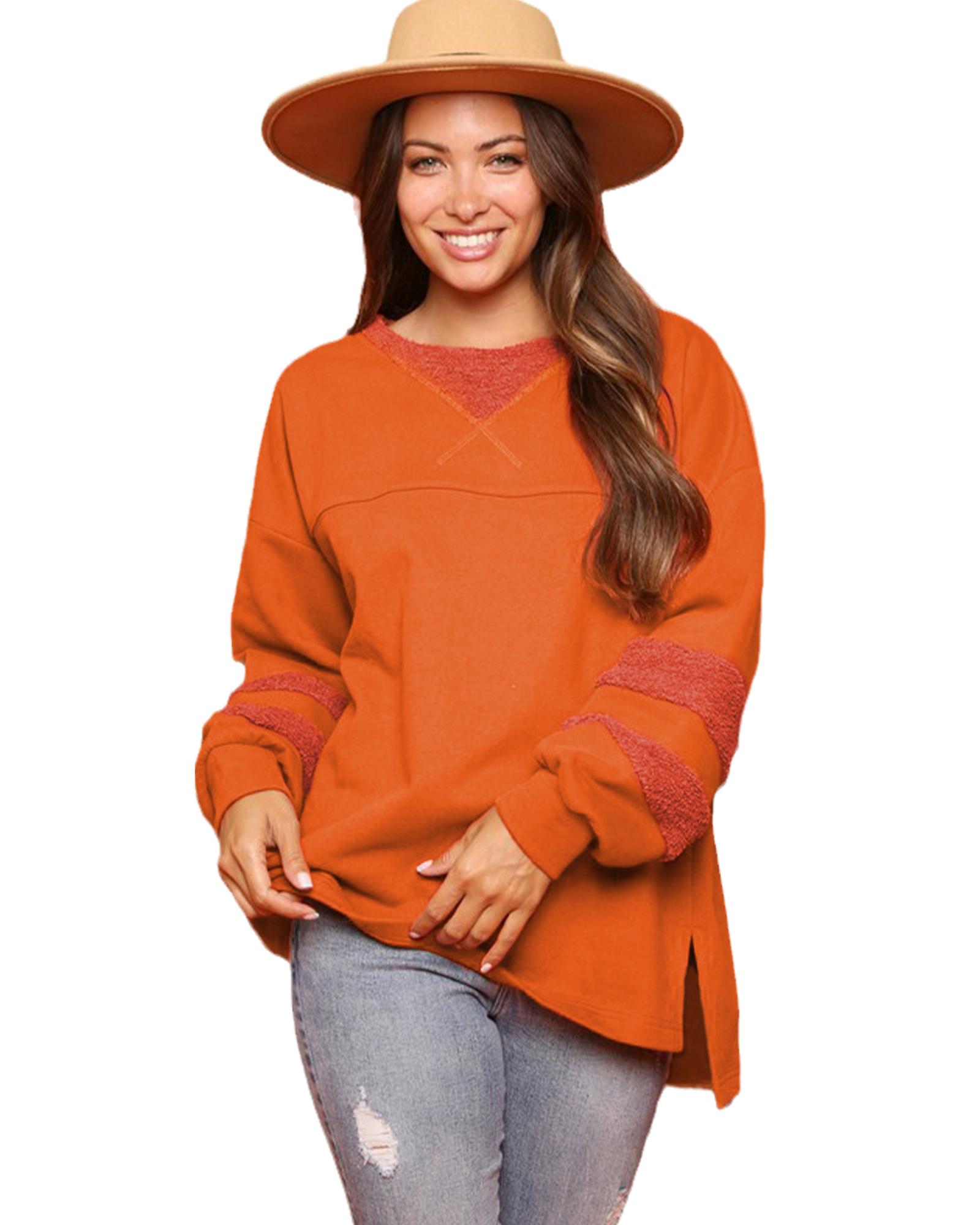 Carrot Fleece Patchwork Side Slits High Low Sweatshirt - Image 3