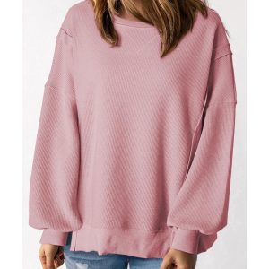 Pink Waffle Knit Bishop Sleeve Split Oversized Sweatshirt