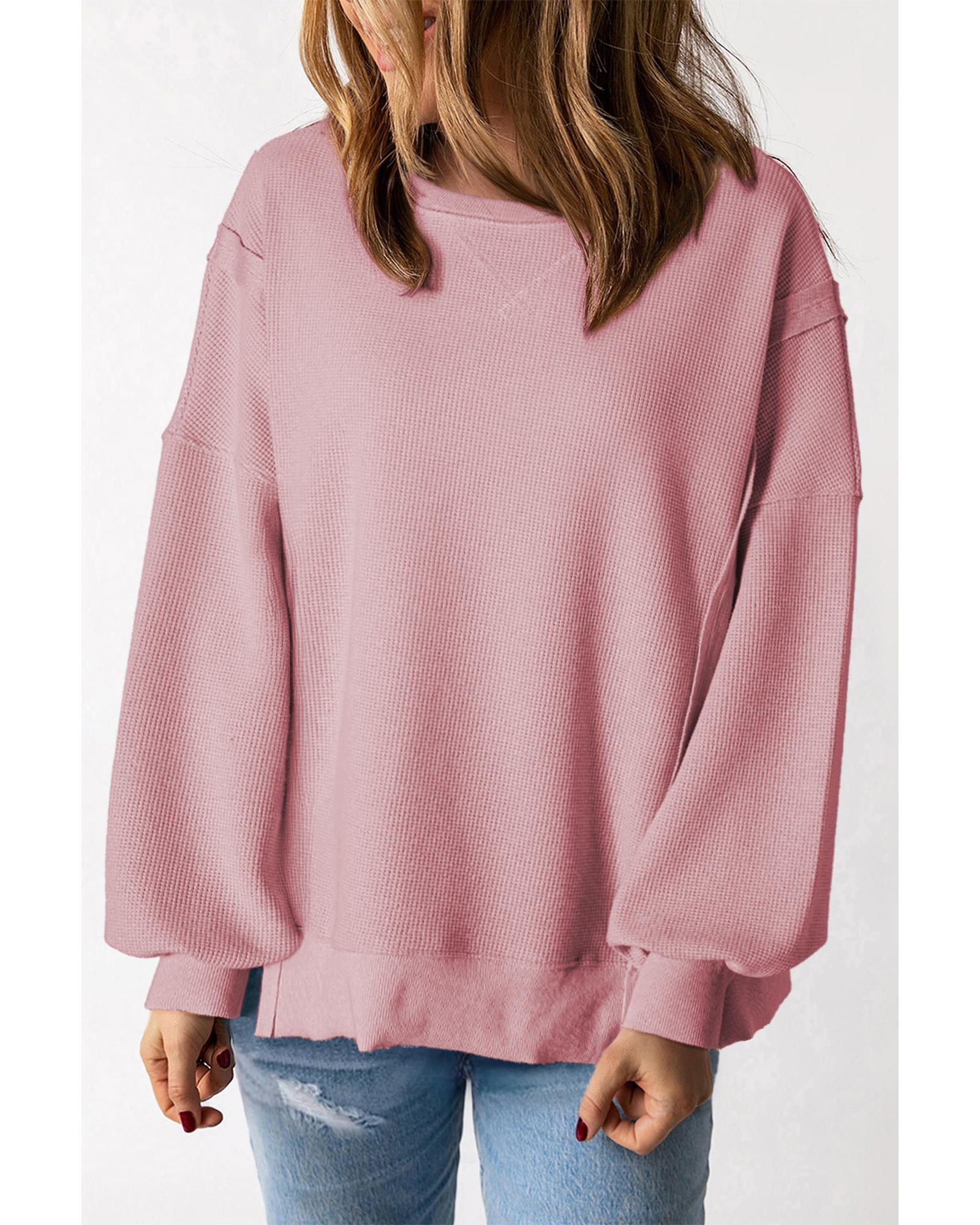 Pink Waffle Knit Bishop Sleeve Split Oversized Sweatshirt