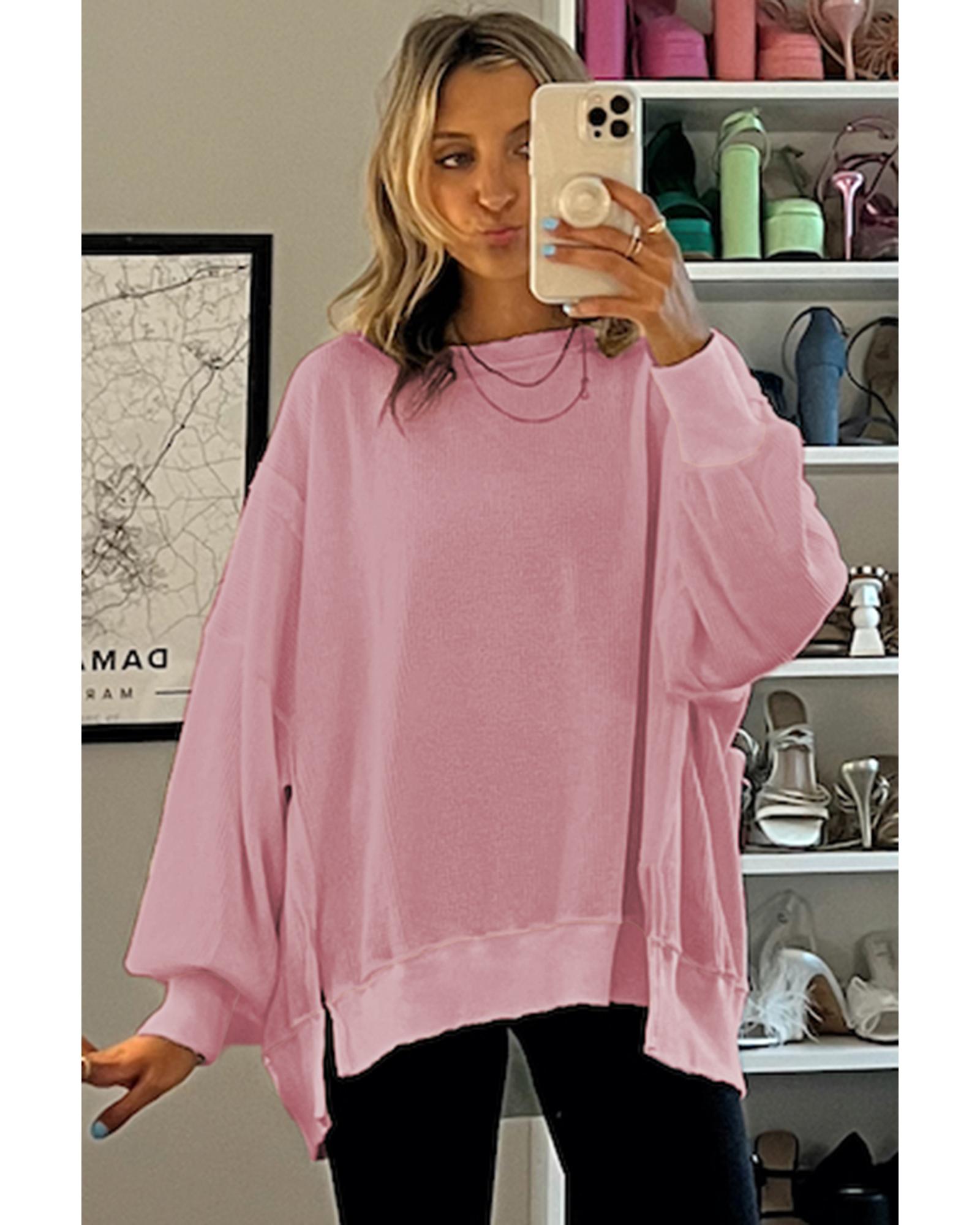 Pink Waffle Knit Bishop Sleeve Split Oversized Sweatshirt - Image 2