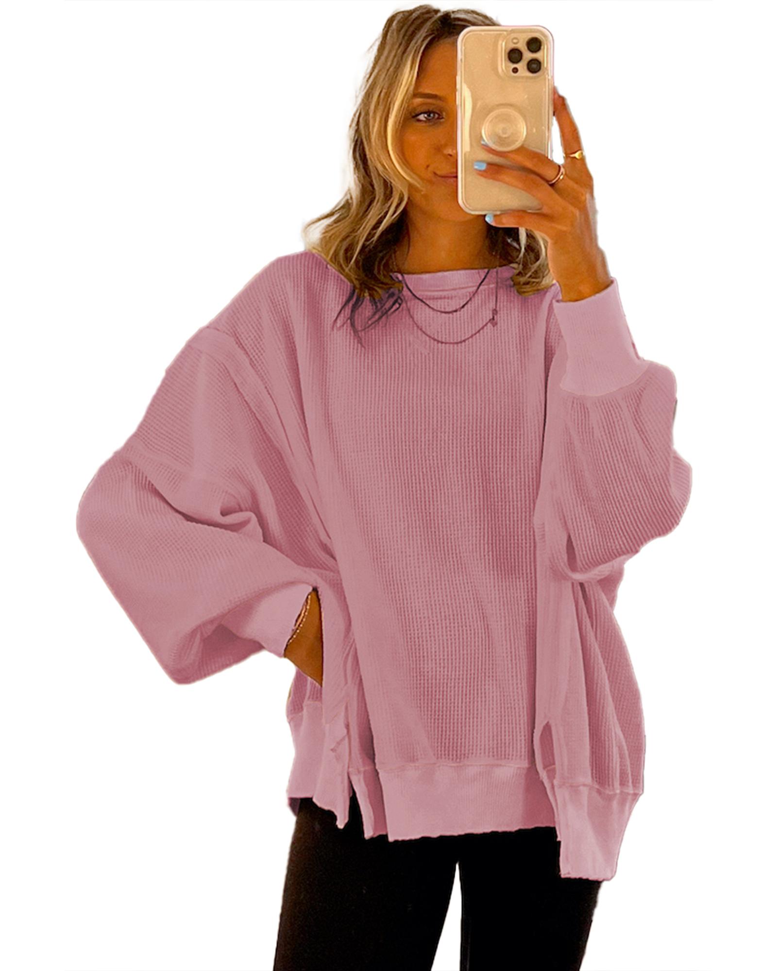 Pink Waffle Knit Bishop Sleeve Split Oversized Sweatshirt - Image 3