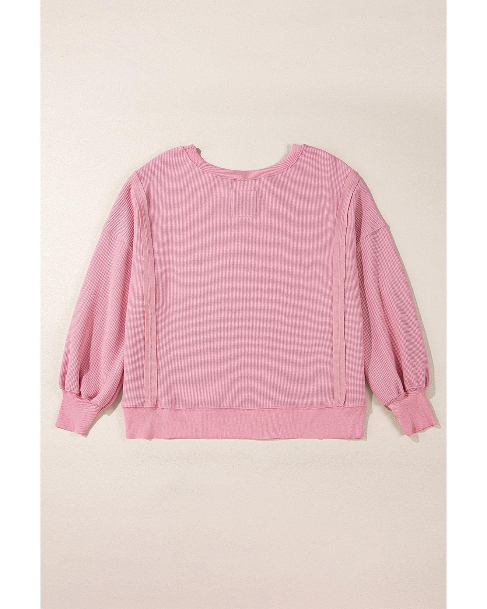 Pink Waffle Knit Bishop Sleeve Split Oversized Sweatshirt - Image 5