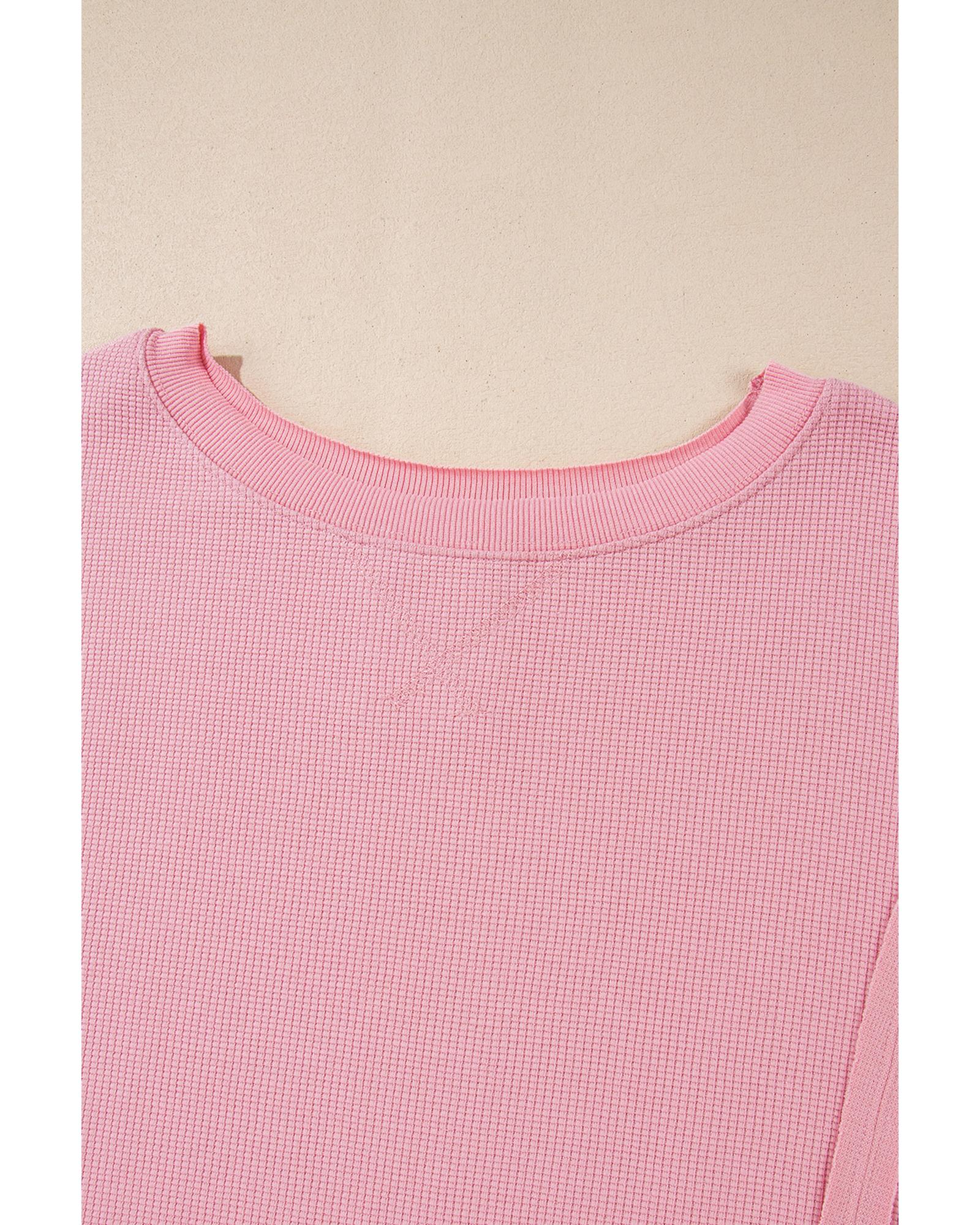 Pink Waffle Knit Bishop Sleeve Split Oversized Sweatshirt - Image 6
