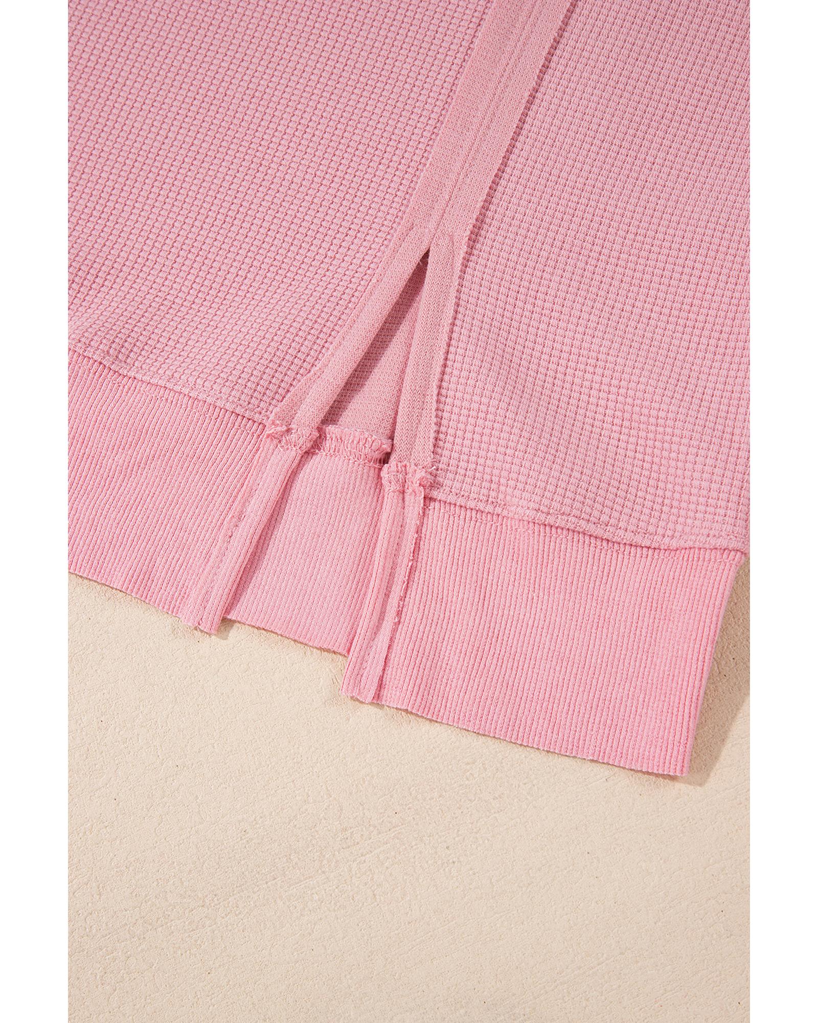 Pink Waffle Knit Bishop Sleeve Split Oversized Sweatshirt - Image 8