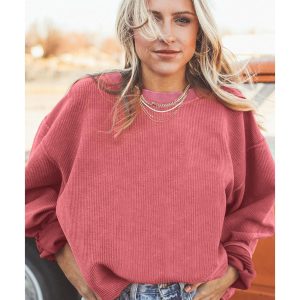 Strawberry Pink Ribbed Corded Oversized Sweatshirt