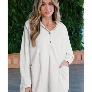White Patchwork Side Pockets Oversized Henley Hoodie