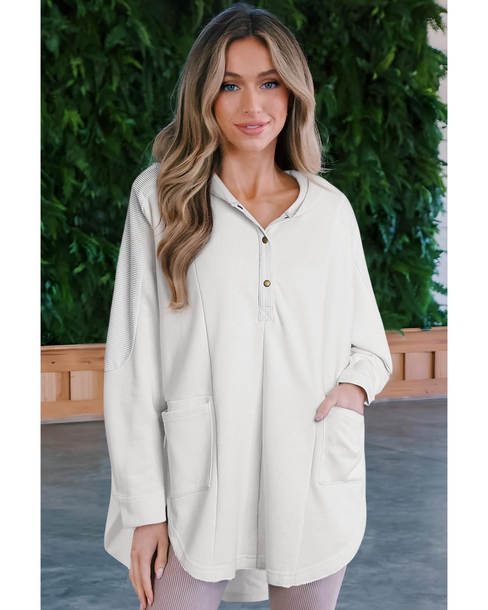 White Patchwork Side Pockets Oversized Henley Hoodie - Image 2