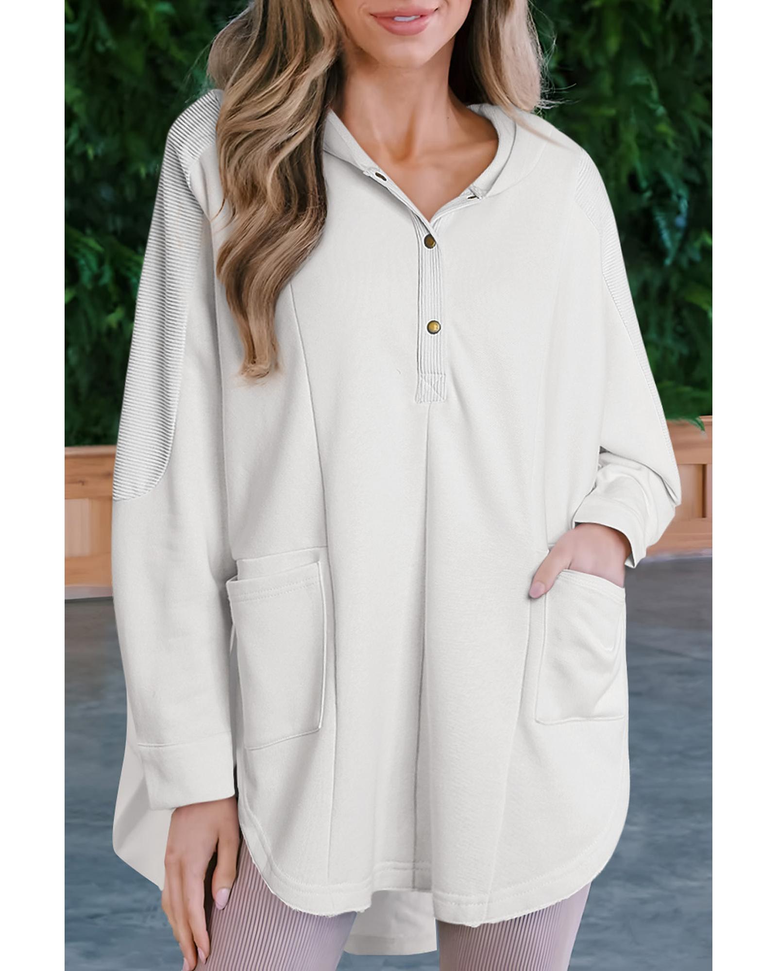 White Patchwork Side Pockets Oversized Henley Hoodie - Image 3