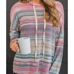 Multicolor Striped Print Cable Knit Drop Shoulder Hoodie