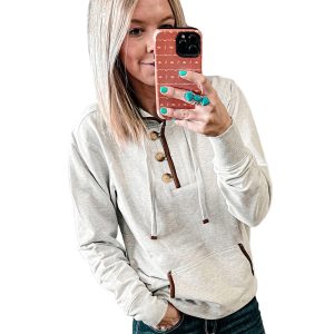 Beige Drawstring Kangaroo Pocket Henley Hoodie