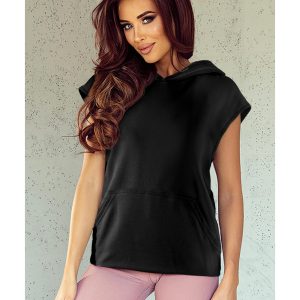 Black Solid Color Cap Sleeve Kangaroo Pocket Hoodie