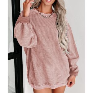 Pink Solid Ribbed Knit Round Neck Pullover Sweatshirt