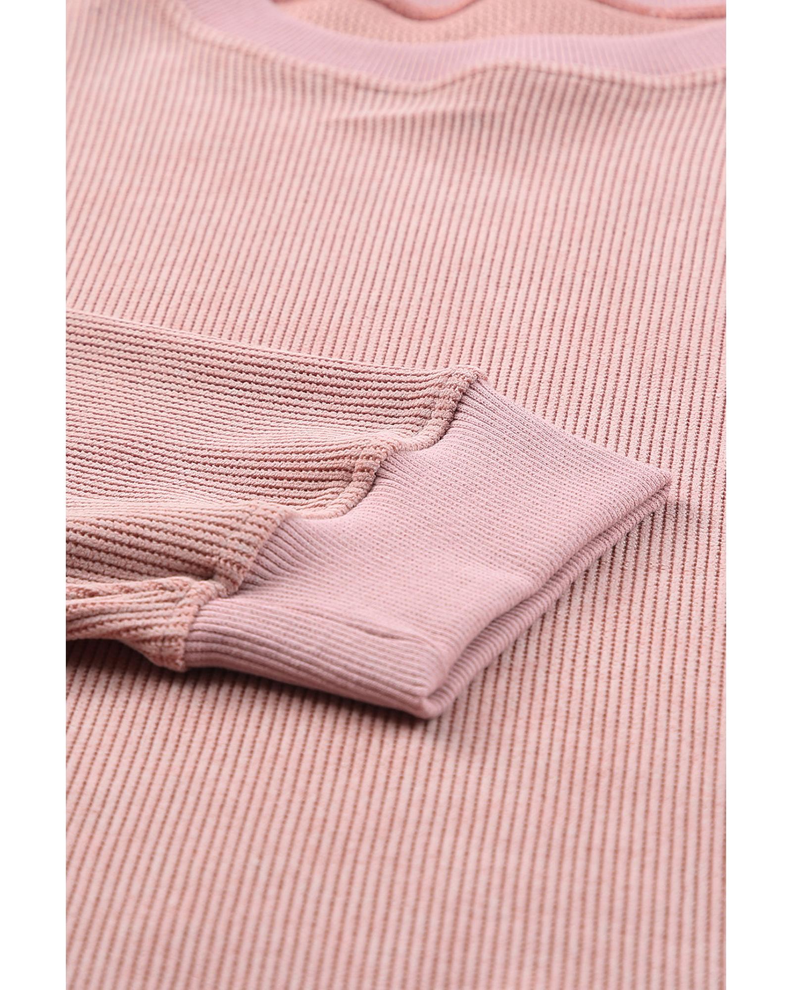 Pink Solid Ribbed Knit Round Neck Pullover Sweatshirt - Image 2