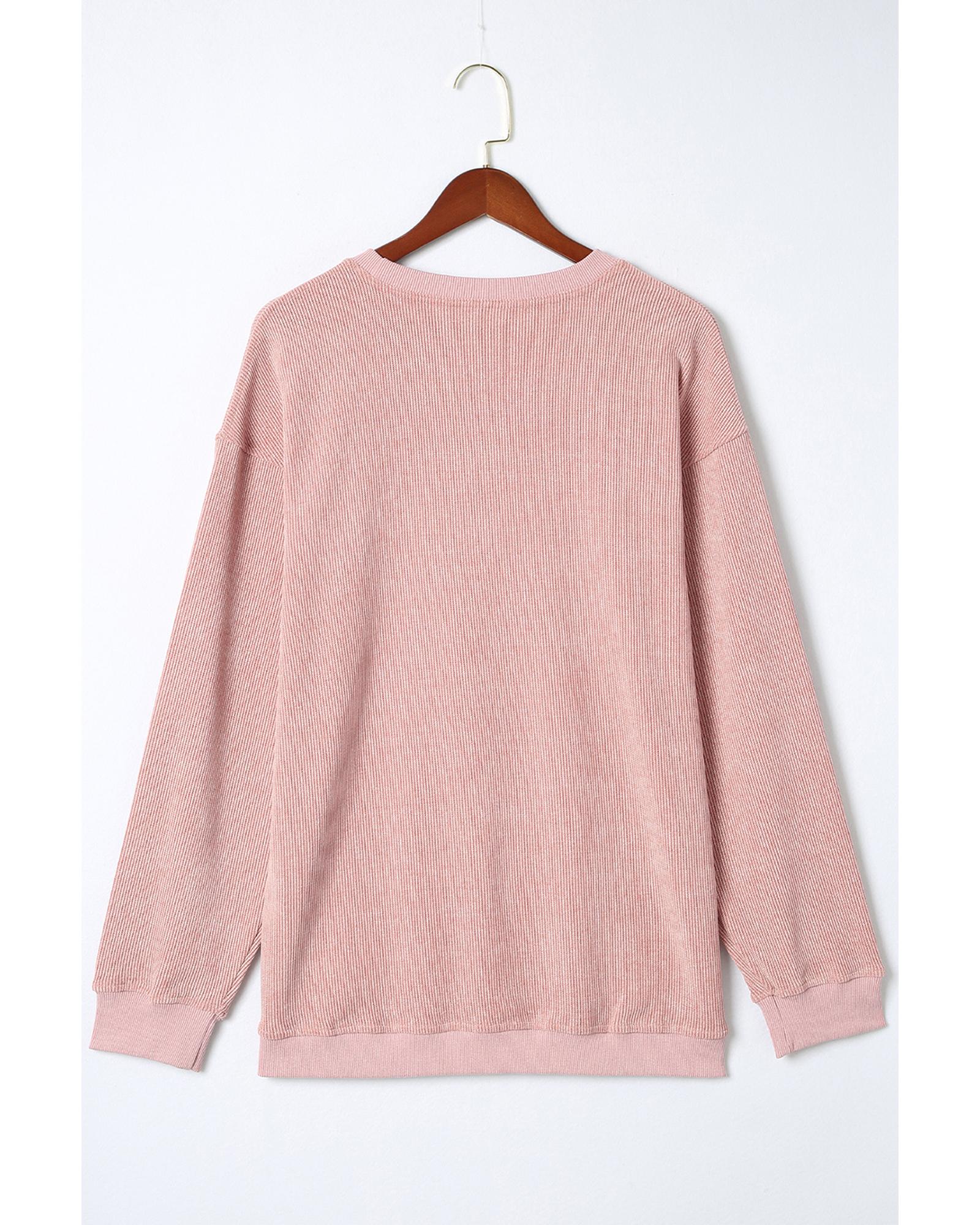 Pink Solid Ribbed Knit Round Neck Pullover Sweatshirt - Image 3