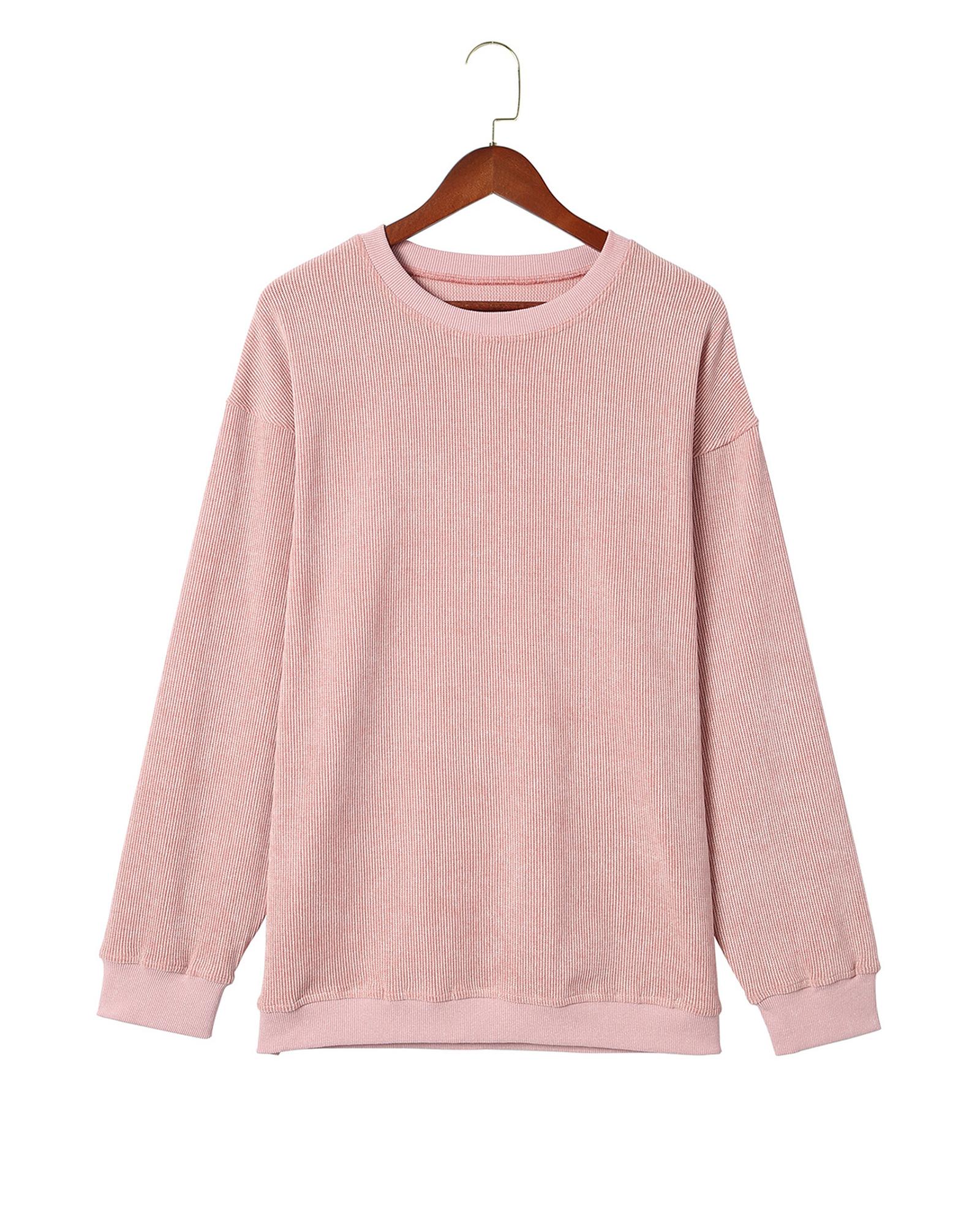 Pink Solid Ribbed Knit Round Neck Pullover Sweatshirt - Image 4