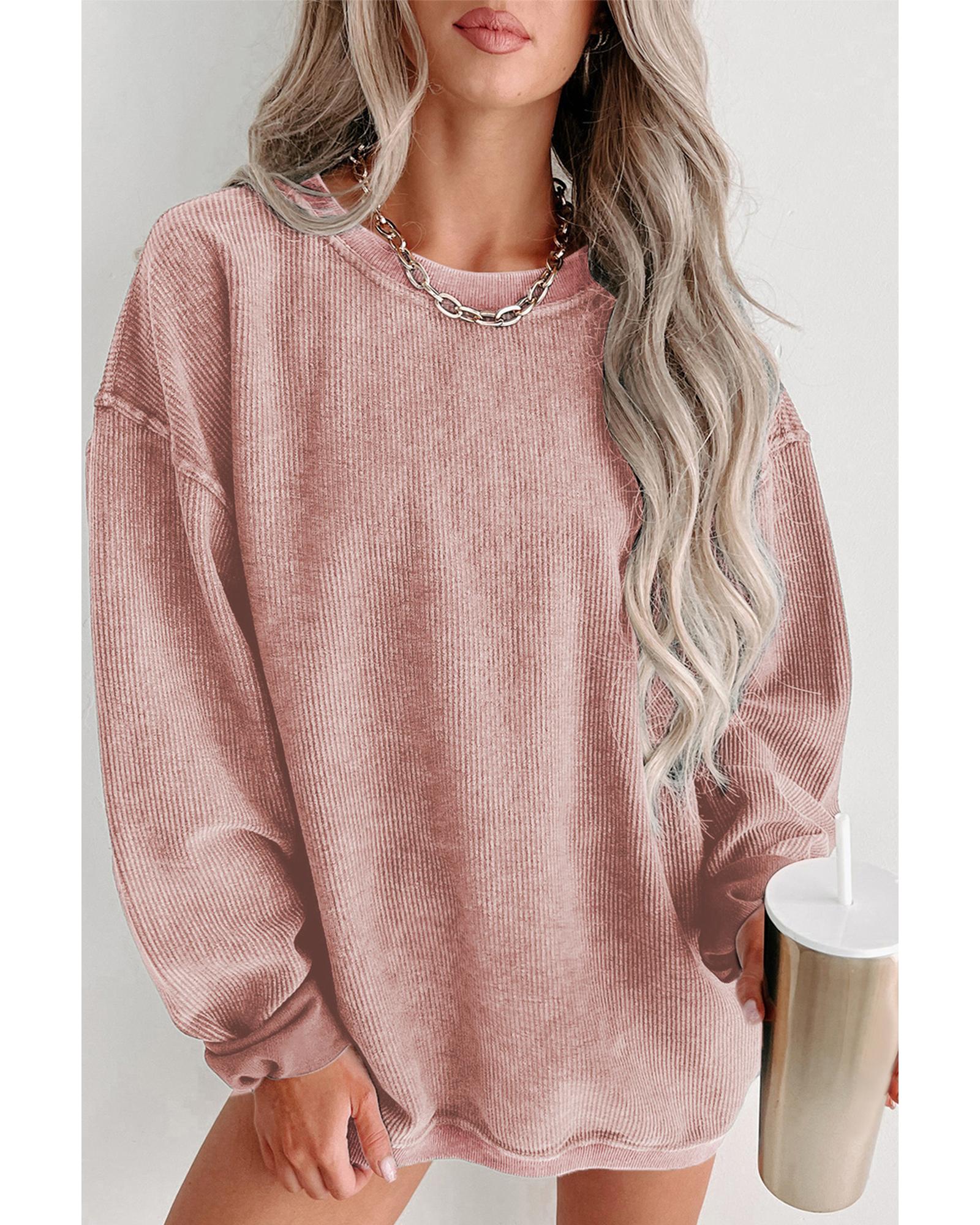Pink Solid Ribbed Knit Round Neck Pullover Sweatshirt - Image 5