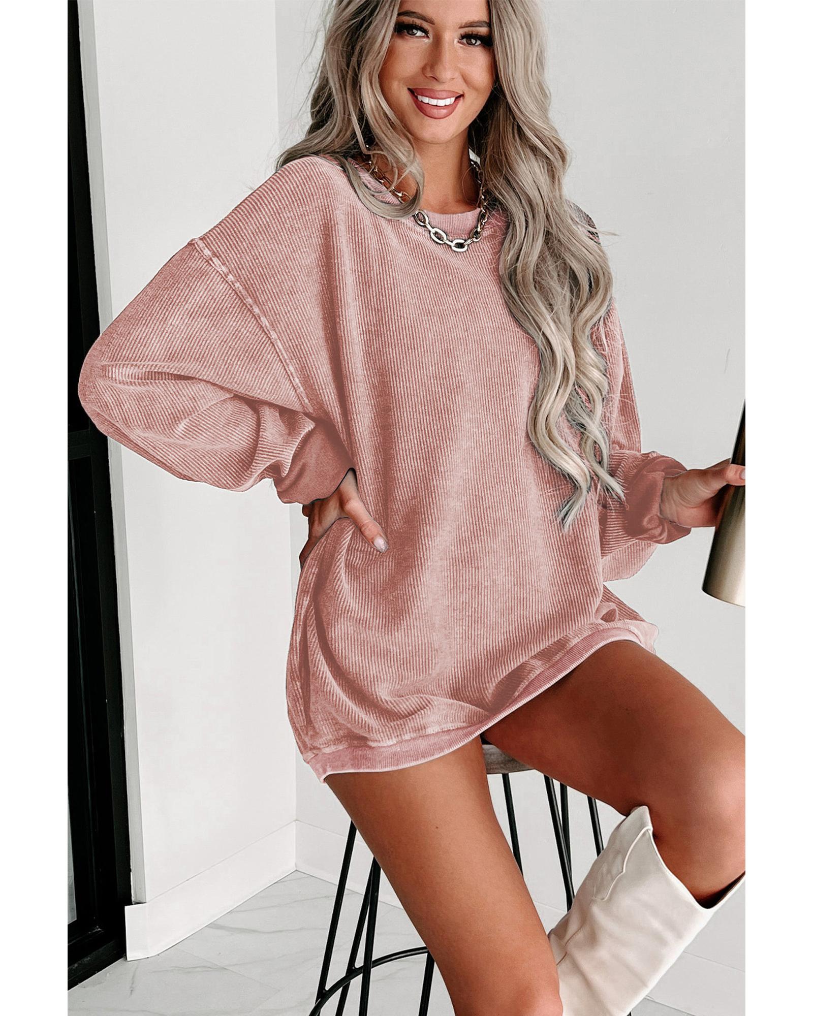 Pink Solid Ribbed Knit Round Neck Pullover Sweatshirt - Image 6