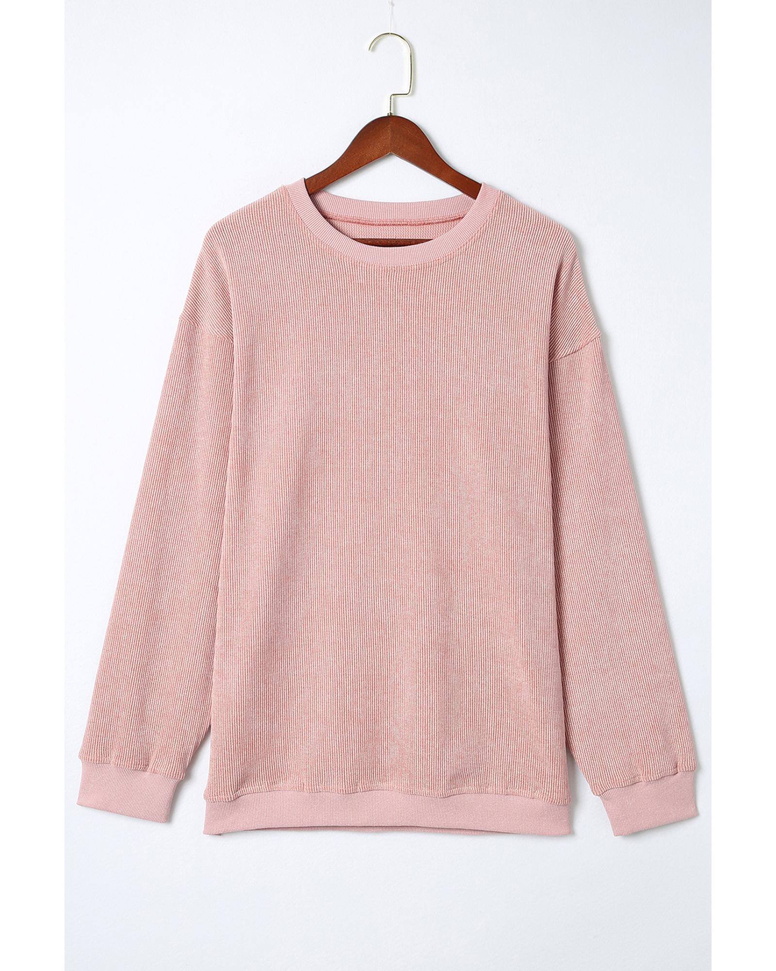 Pink Solid Ribbed Knit Round Neck Pullover Sweatshirt - Image 8