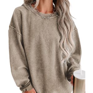 Khaki Solid Ribbed Knit Round Neck Pullover Sweatshirt