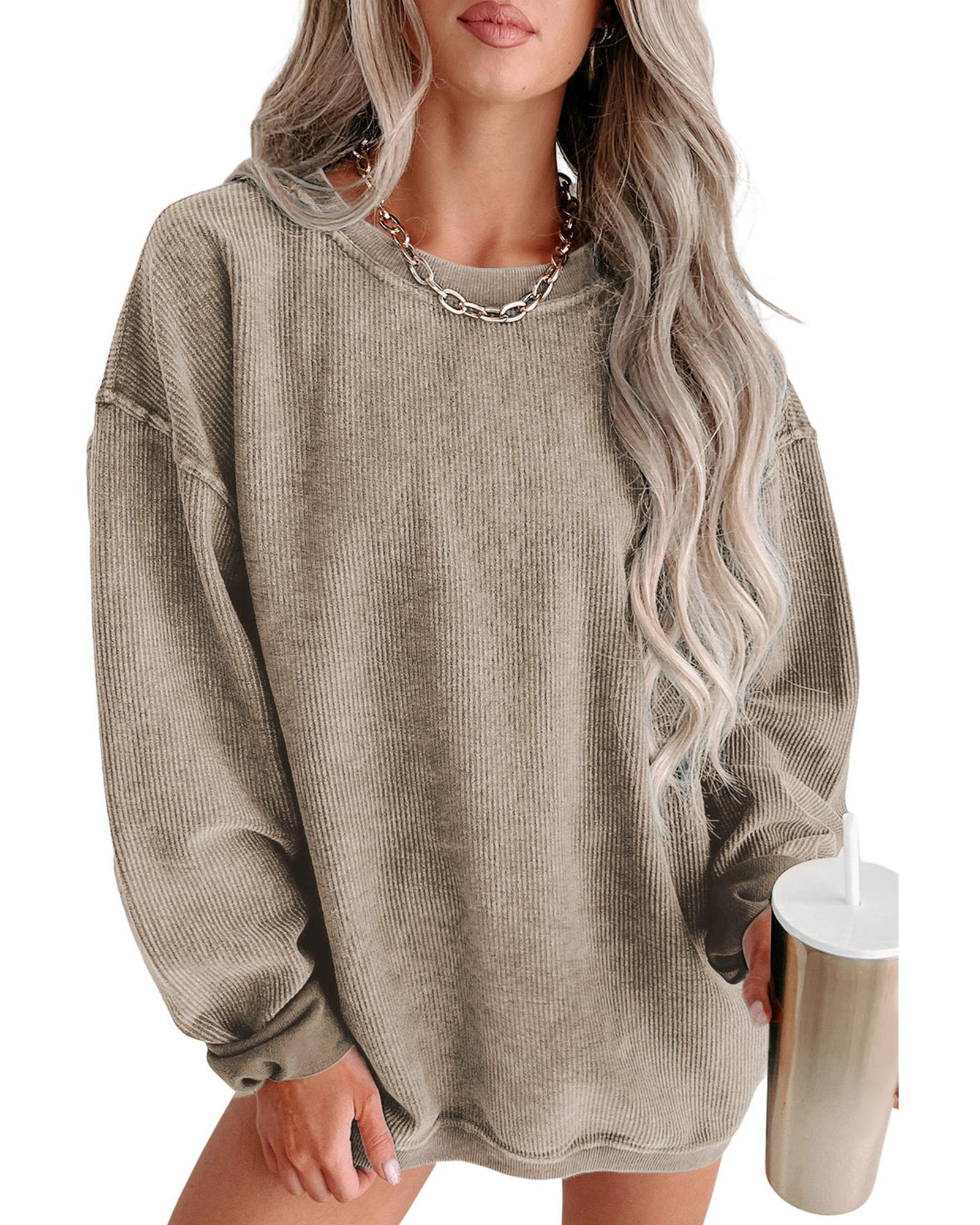 Khaki Solid Ribbed Knit Round Neck Pullover Sweatshirt