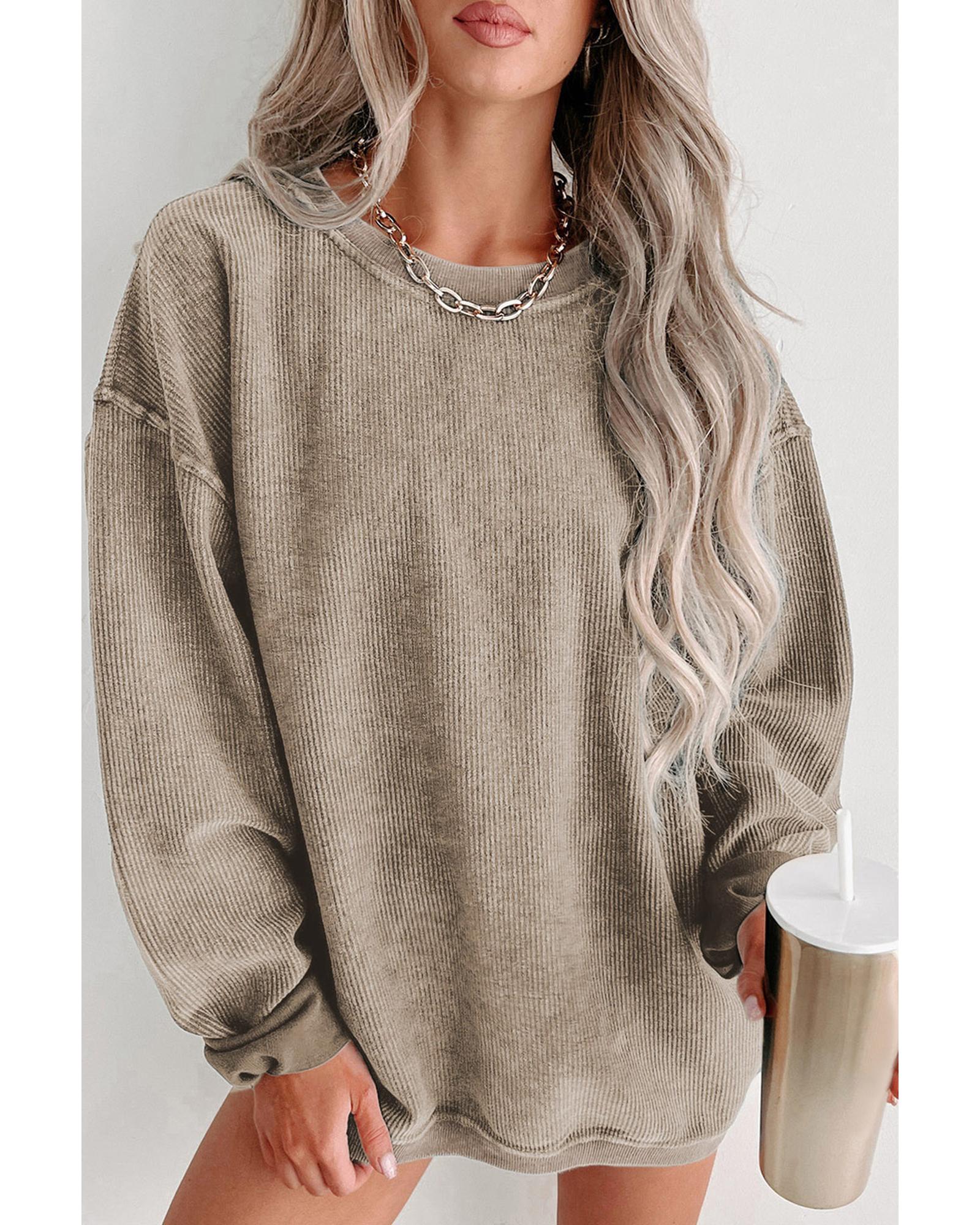 Khaki Solid Ribbed Knit Round Neck Pullover Sweatshirt - Image 2