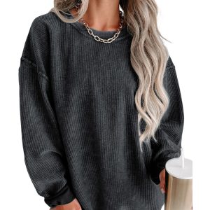Black Solid Ribbed Knit Round Neck Pullover Sweatshirt