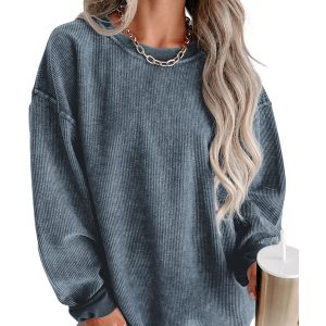 Blue Solid Ribbed Knit Round Neck Pullover Sweatshirt