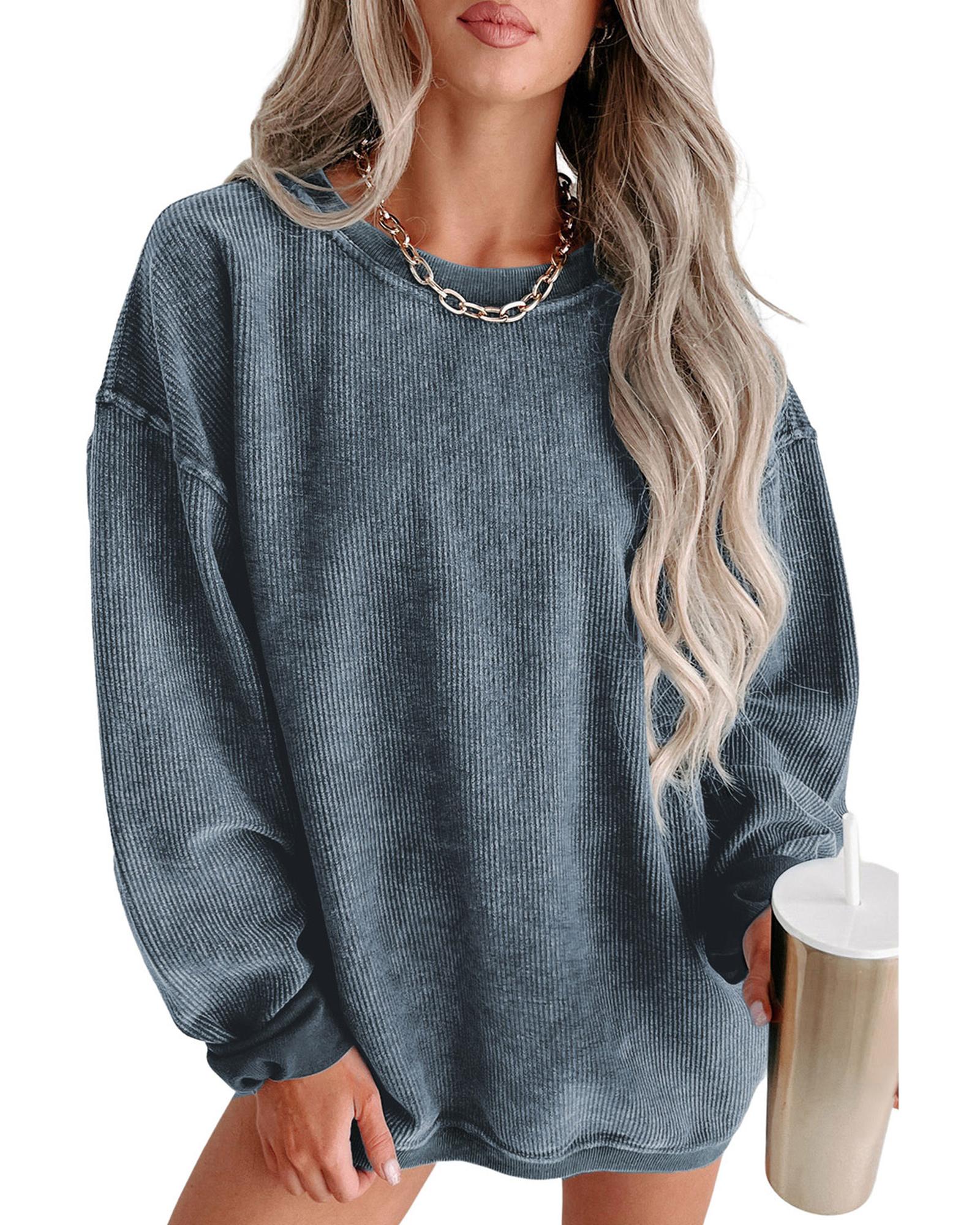 Blue Solid Ribbed Knit Round Neck Pullover Sweatshirt - Image 2