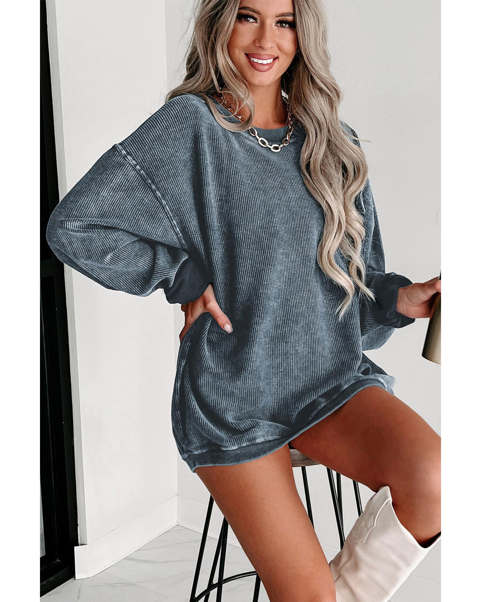 Blue Solid Ribbed Knit Round Neck Pullover Sweatshirt - Image 3