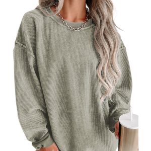 Green Solid Ribbed Knit Round Neck Pullover Sweatshirt