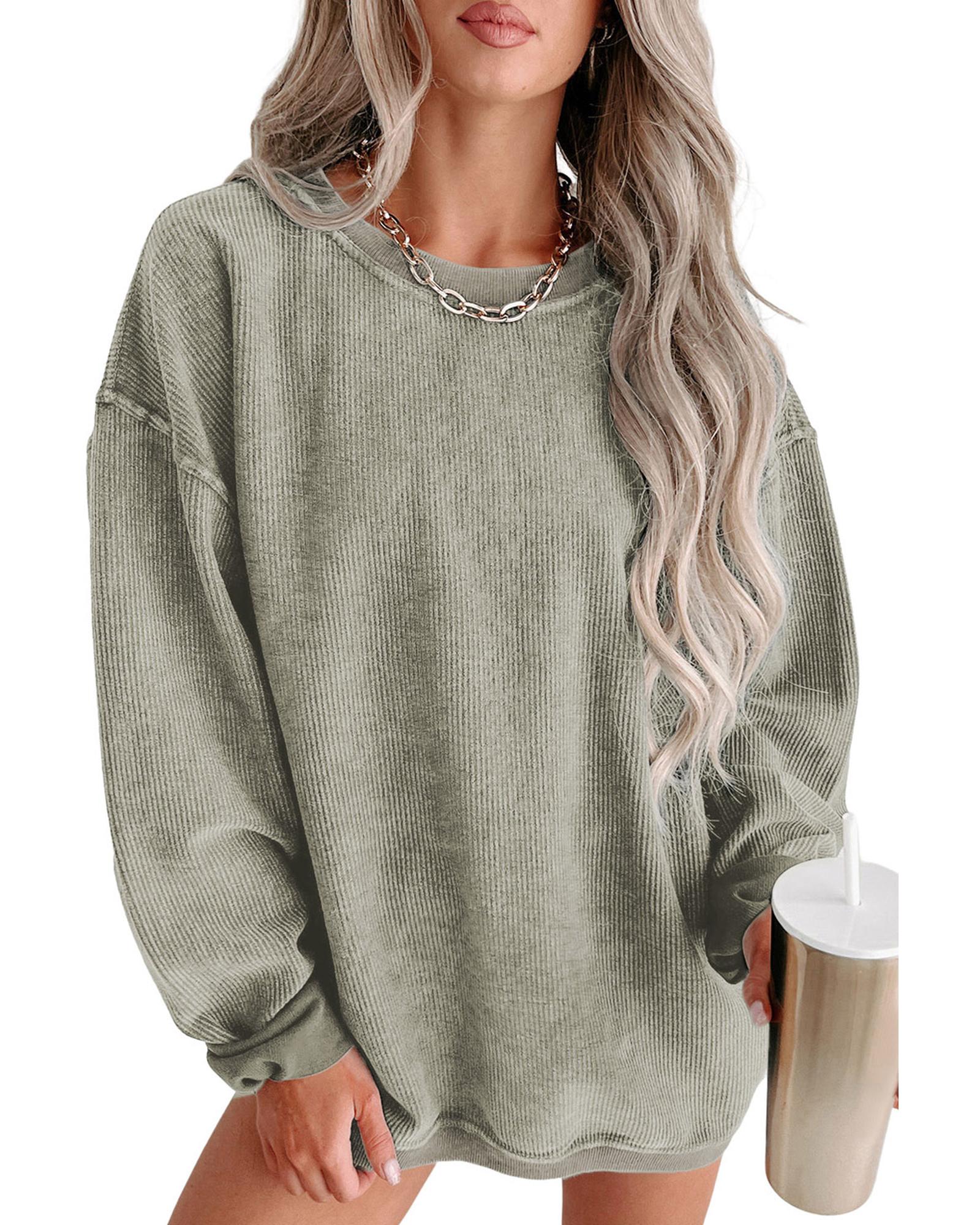 Green Solid Ribbed Knit Round Neck Pullover Sweatshirt