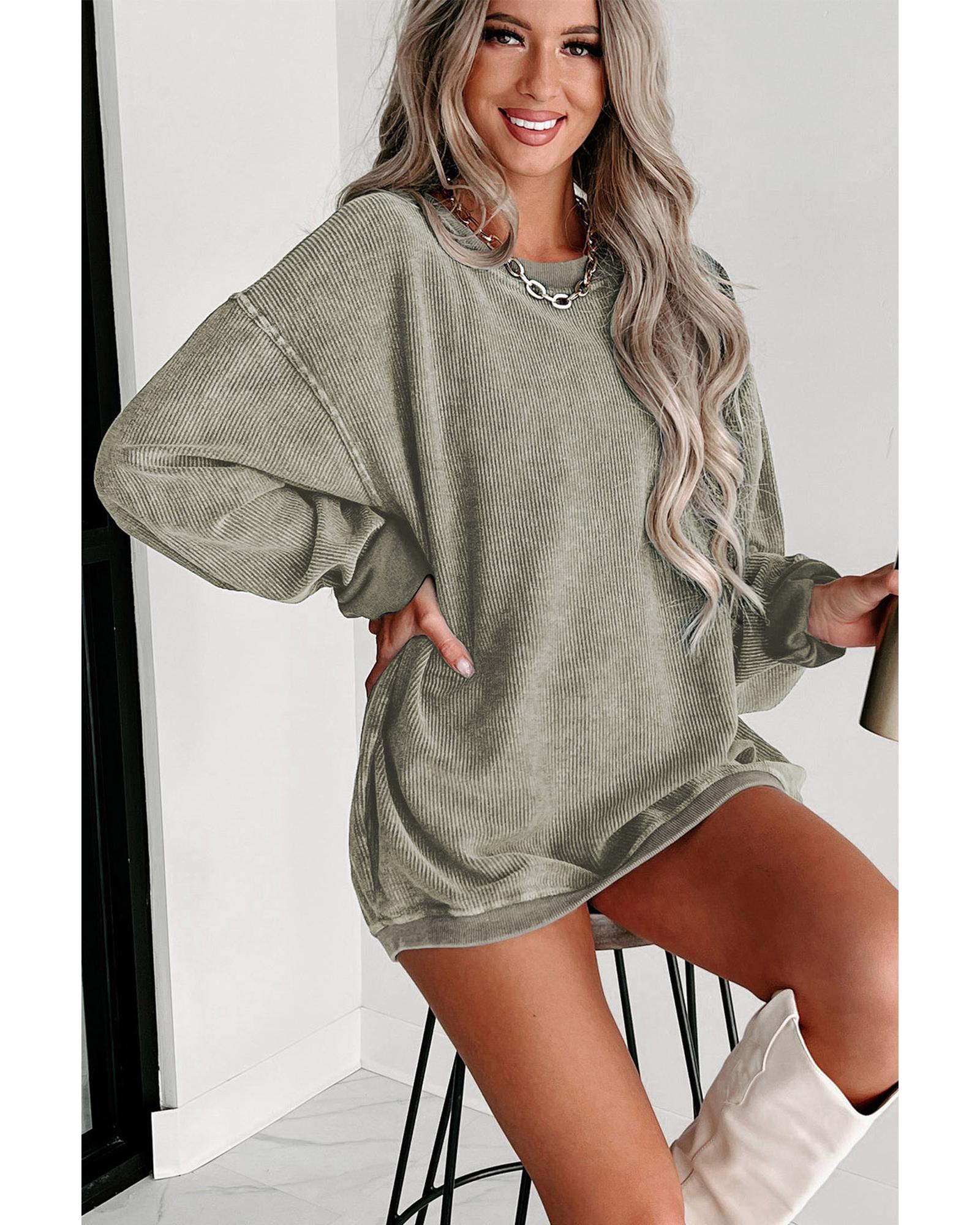 Green Solid Ribbed Knit Round Neck Pullover Sweatshirt - Image 2