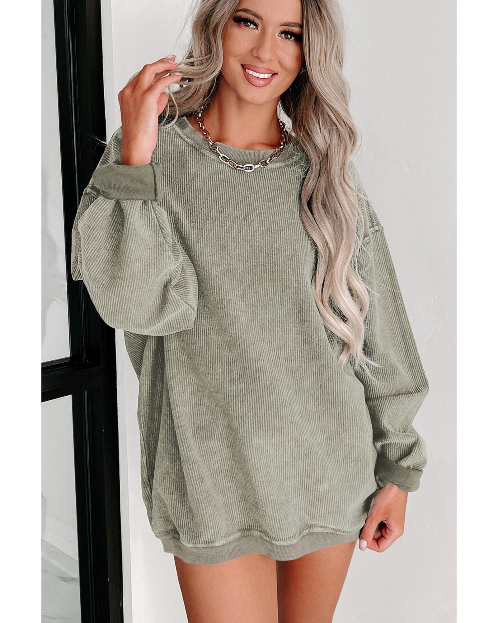 Green Solid Ribbed Knit Round Neck Pullover Sweatshirt - Image 3
