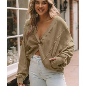Khaki Exposed Seam Twist Open Back Oversized Sweatshirt
