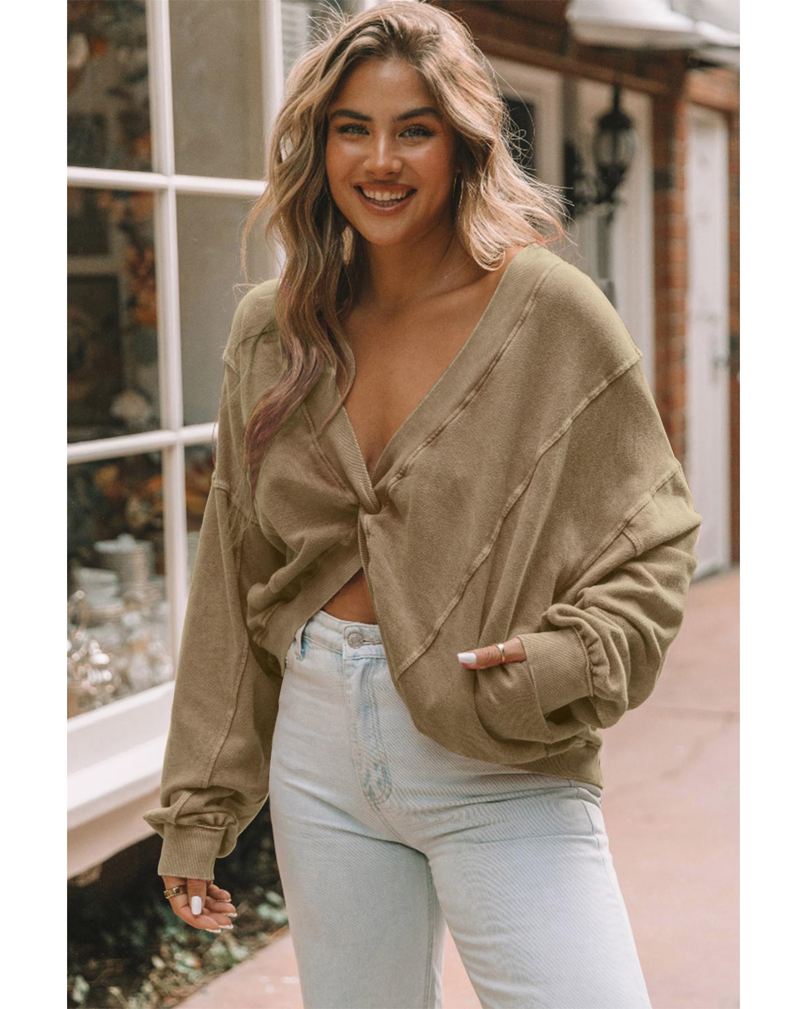 Khaki Exposed Seam Twist Open Back Oversized Sweatshirt