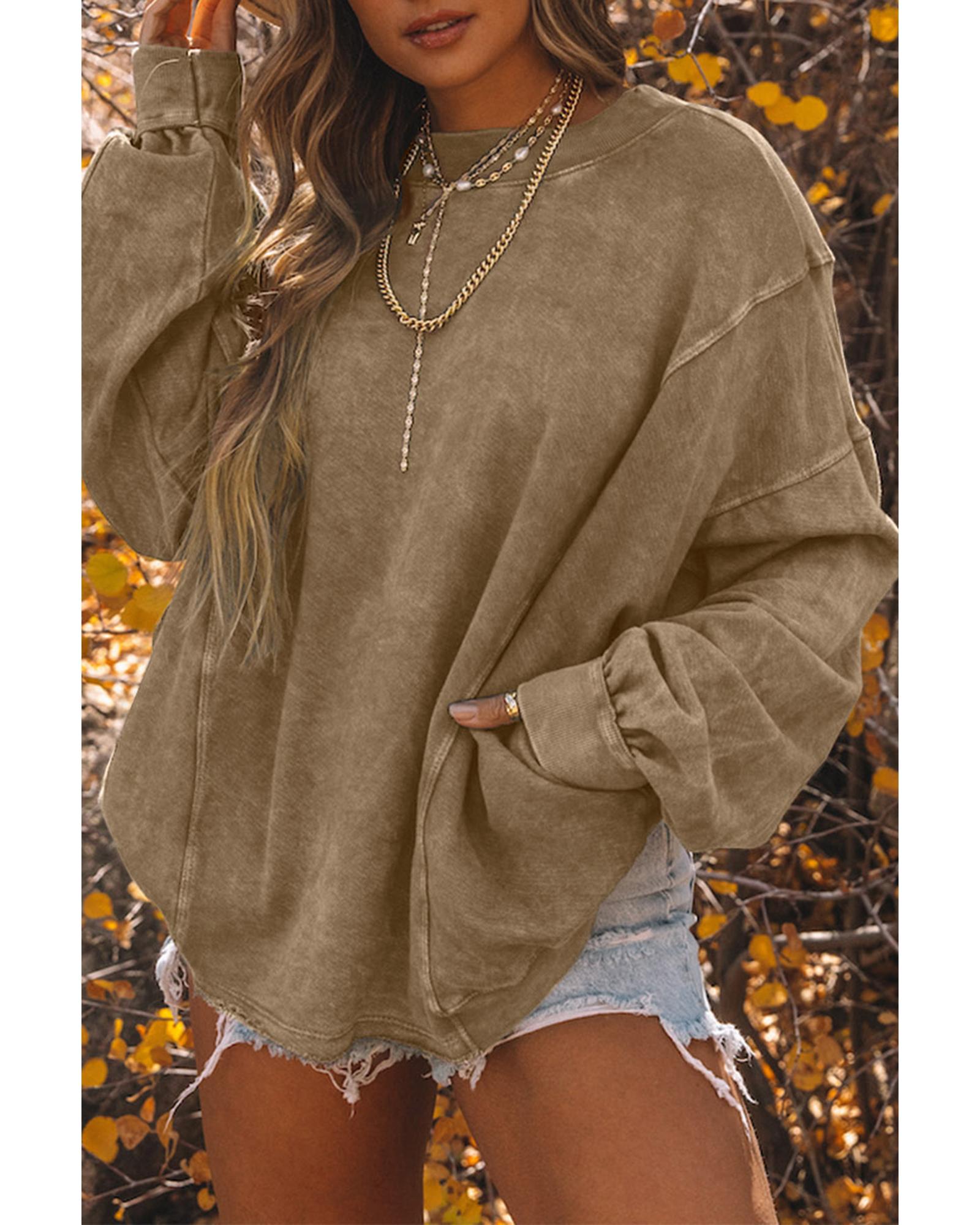 Khaki Exposed Seam Twist Open Back Oversized Sweatshirt - Image 2
