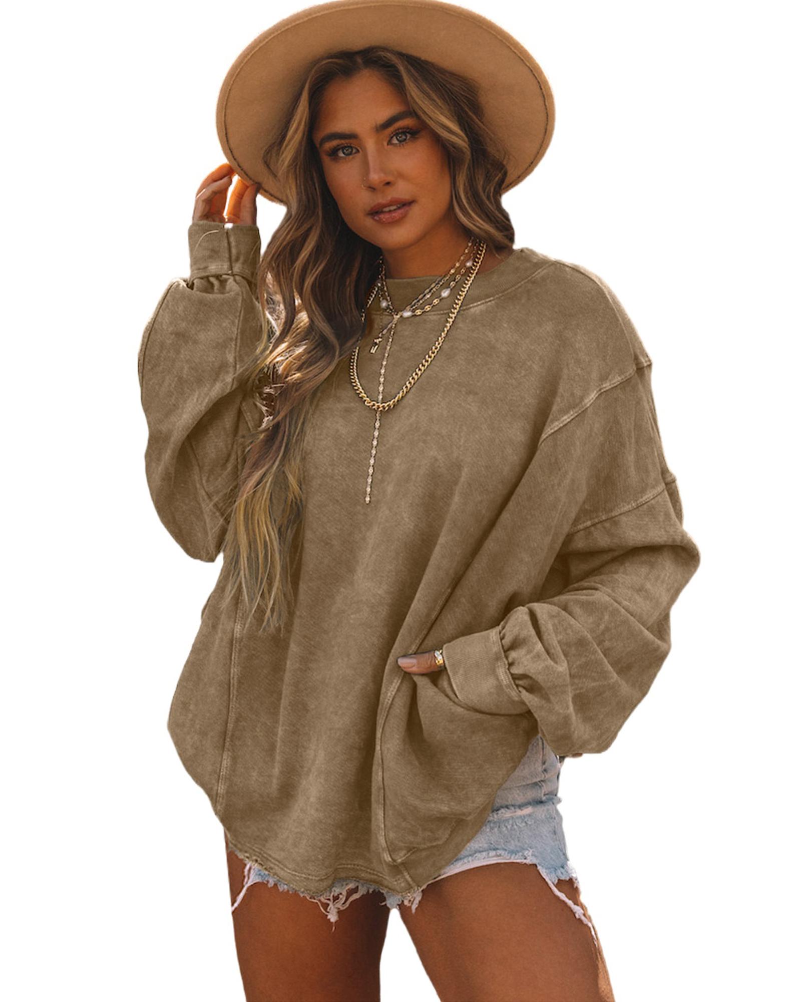 Khaki Exposed Seam Twist Open Back Oversized Sweatshirt - Image 3