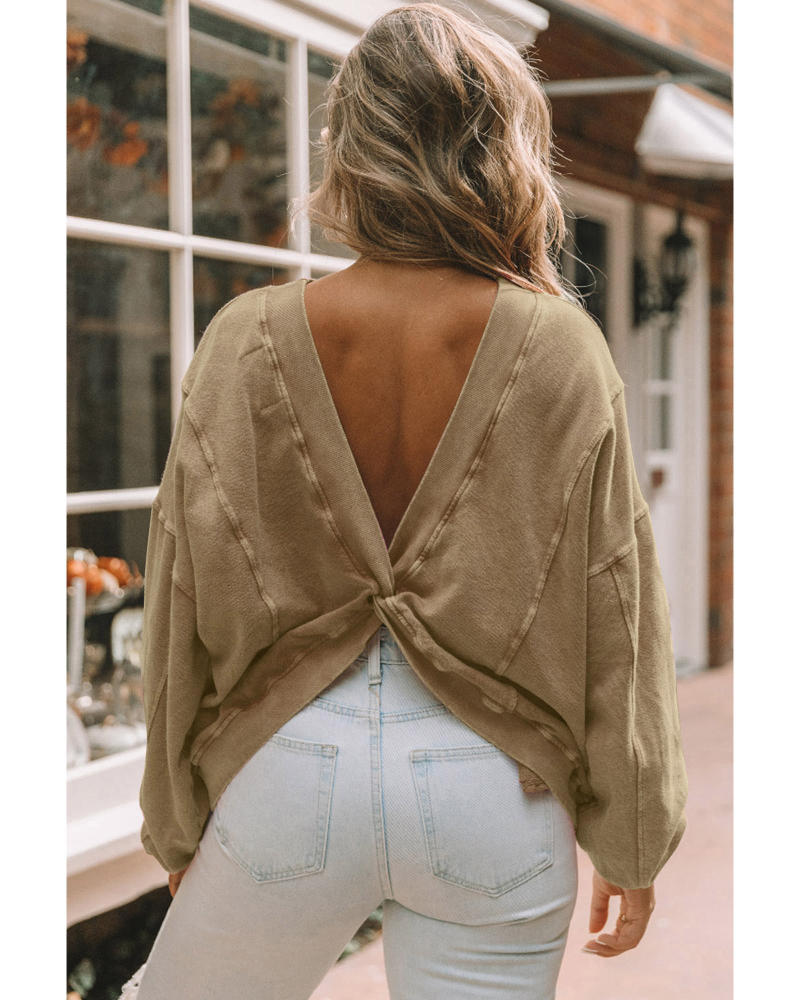 Khaki Exposed Seam Twist Open Back Oversized Sweatshirt - Image 4