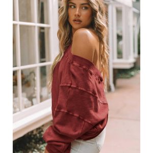 Red Exposed Seam Twist Open Back Oversized Sweatshirt