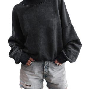 Black Drop Shoulder Crew Neck Pullover Sweatshirt
