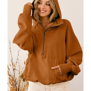 Brown Ribbed Trim Kangaroo Pocket Zipped Hoodie