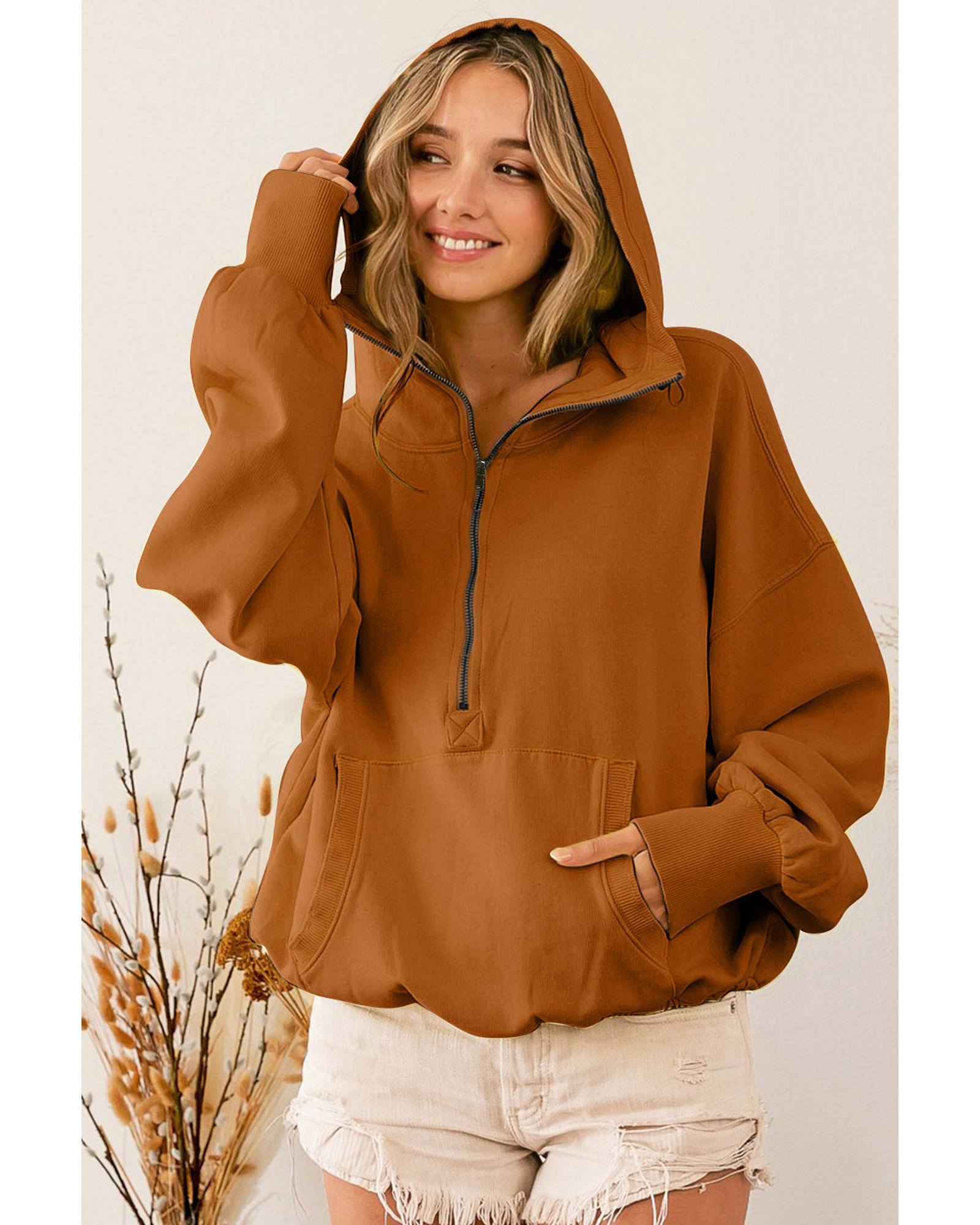 Brown Ribbed Trim Kangaroo Pocket Zipped Hoodie