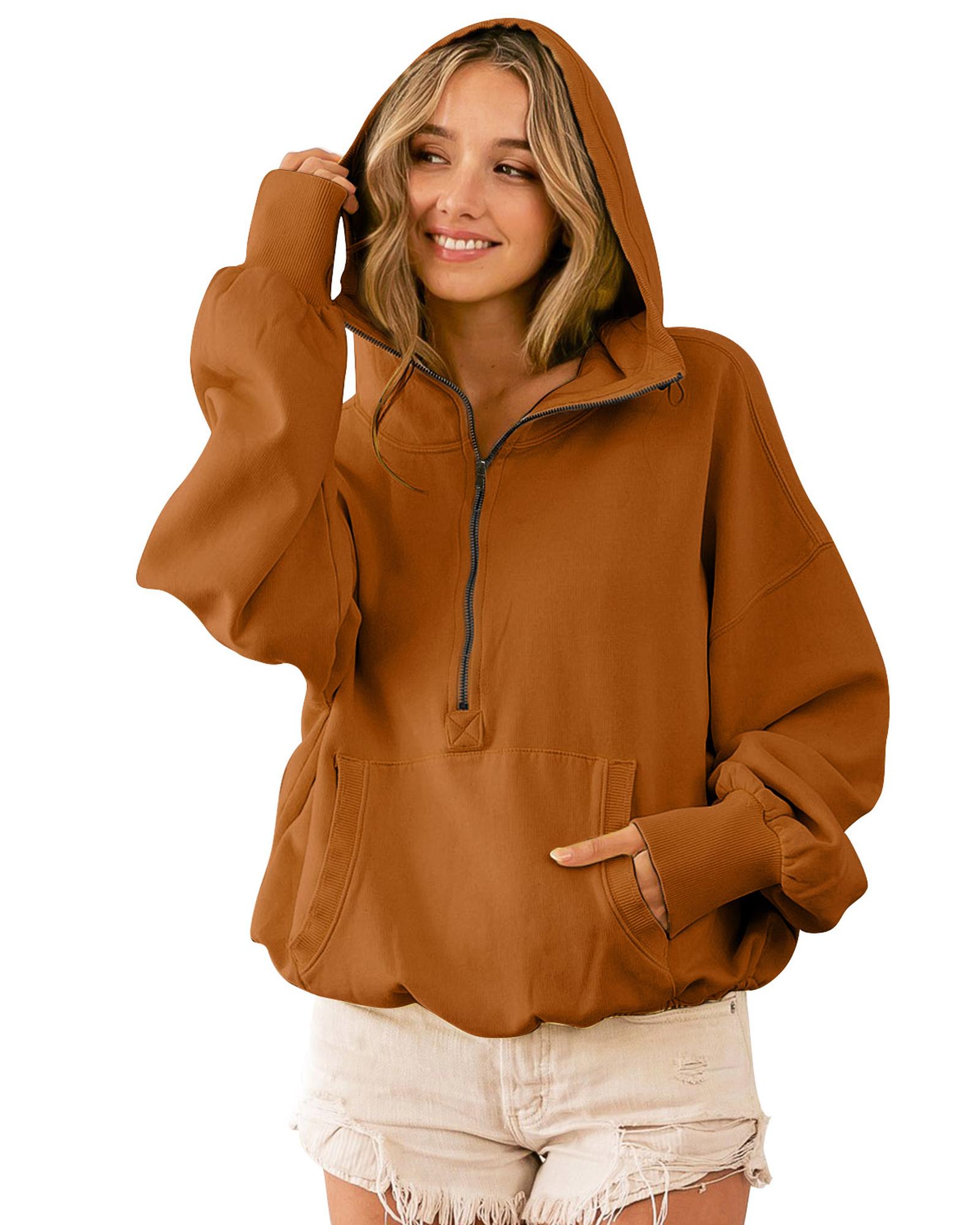 Brown Ribbed Trim Kangaroo Pocket Zipped Hoodie - Image 3