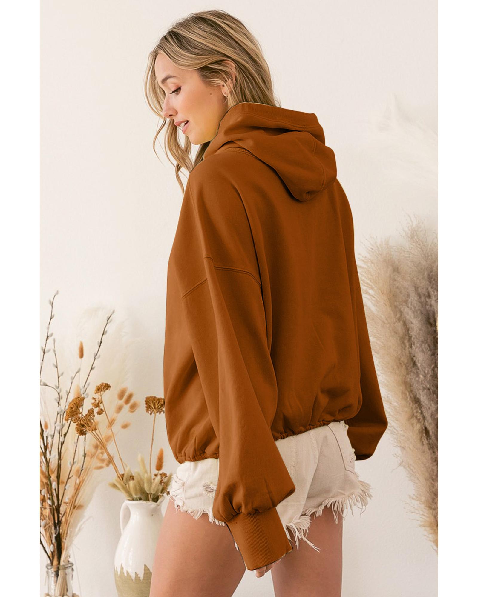 Brown Ribbed Trim Kangaroo Pocket Zipped Hoodie - Image 5