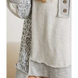 Gray Leopard Patchwork Exposed Seam Buttoned Neck Sweatshirt