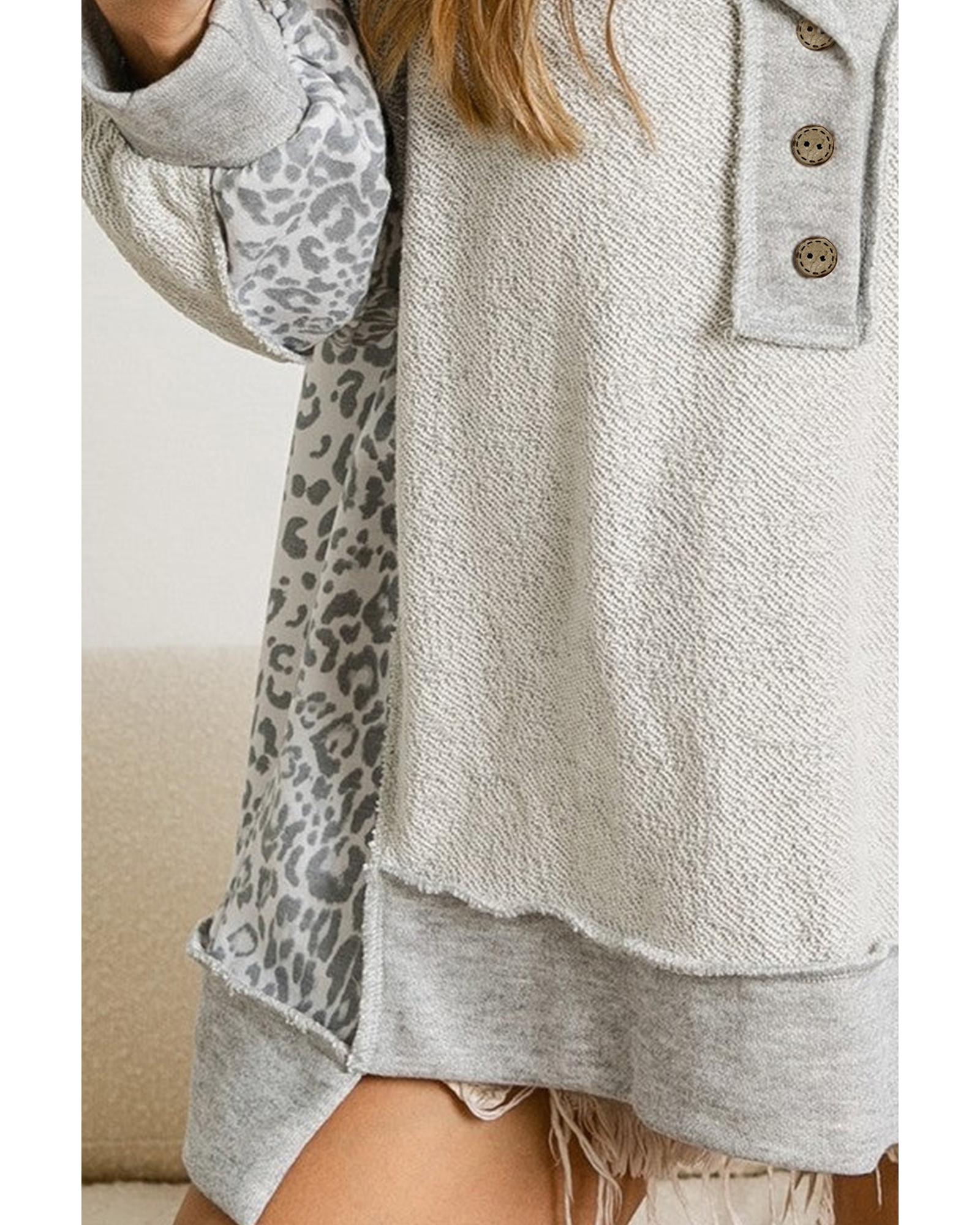 Gray Leopard Patchwork Exposed Seam Buttoned Neck Sweatshirt