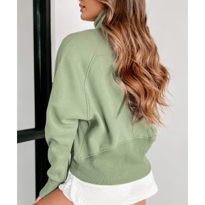 Smoke Green Fleece Lined Zip Up Stand Collar Thumbhole Sleeve Sweatshirt